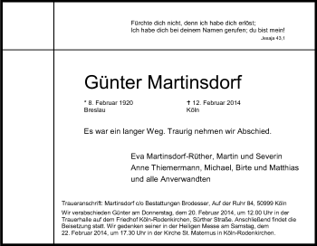 Anzeige von Günter Martinsdorf von Kölner Stadt-Anzeiger / Kölnische Rundschau / Express