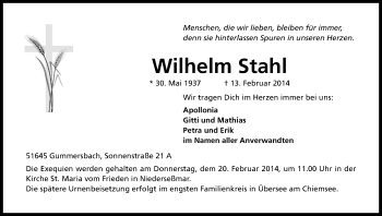 Anzeige von Wilhelm Stahl von Kölner Stadt-Anzeiger / Kölnische Rundschau / Express