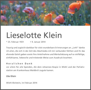 Anzeige von Lieselotte Klein von Kölner Stadt-Anzeiger / Kölnische Rundschau / Express