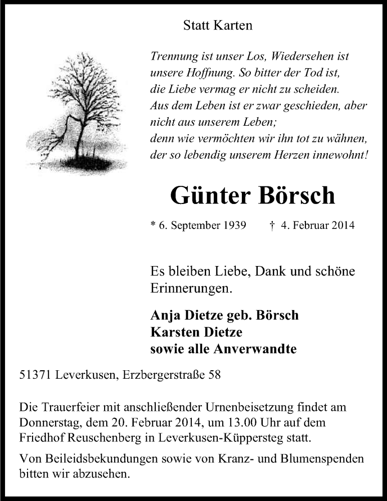  Traueranzeige für Günter Börsch vom 15.02.2014 aus Kölner Stadt-Anzeiger / Kölnische Rundschau / Express