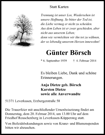 Anzeige von Günter Börsch von Kölner Stadt-Anzeiger / Kölnische Rundschau / Express