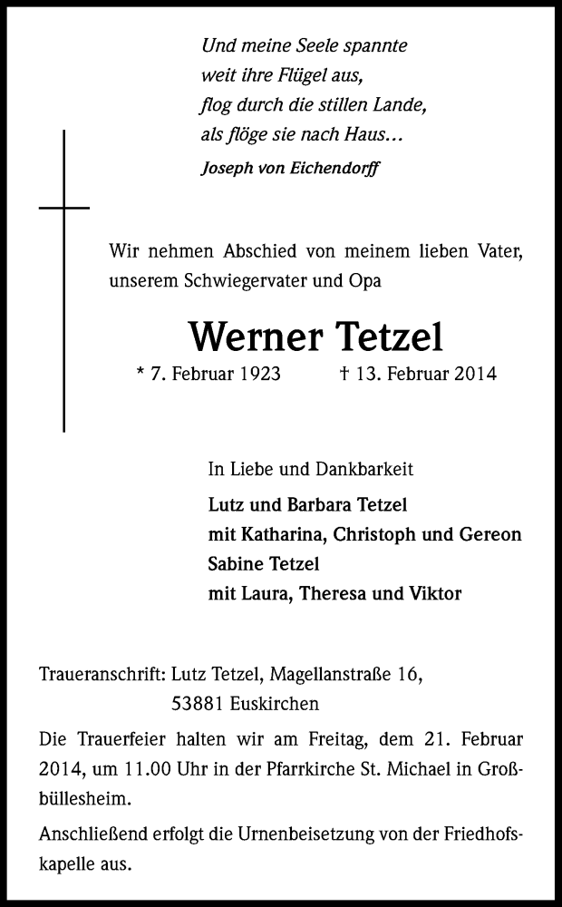  Traueranzeige für Werner Tetzel vom 15.02.2014 aus Kölner Stadt-Anzeiger / Kölnische Rundschau / Express