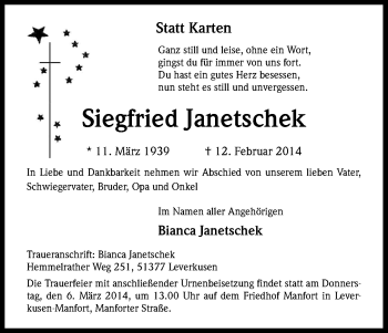 Anzeige von Siegfried Janetschek von Kölner Stadt-Anzeiger / Kölnische Rundschau / Express