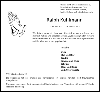 Anzeige von Ralph Kuhlmann von Kölner Stadt-Anzeiger / Kölnische Rundschau / Express