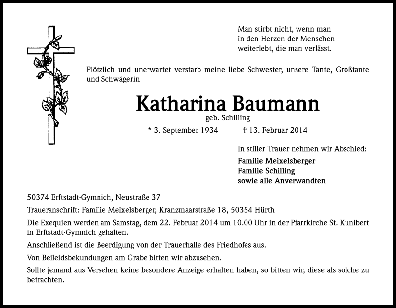  Traueranzeige für Katharina Baumann vom 19.02.2014 aus Kölner Stadt-Anzeiger / Kölnische Rundschau / Express