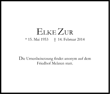 Anzeige von Elke Zur von Kölner Stadt-Anzeiger / Kölnische Rundschau / Express
