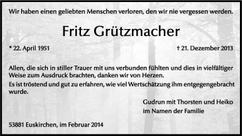 Anzeige von Fritz Grützmacher von Kölner Stadt-Anzeiger / Kölnische Rundschau / Express