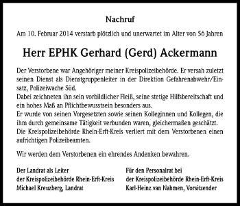 Anzeige von Gerhard Ackermann von Kölner Stadt-Anzeiger / Kölnische Rundschau / Express