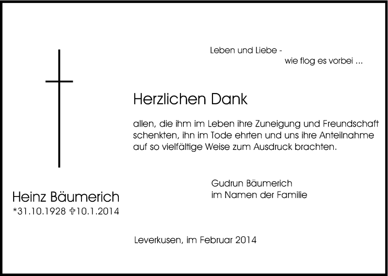  Traueranzeige für Heinz Bäumerich vom 22.02.2014 aus Kölner Stadt-Anzeiger / Kölnische Rundschau / Express
