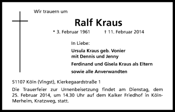 Anzeige von Ralf Kraus von Kölner Stadt-Anzeiger / Kölnische Rundschau / Express
