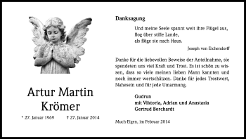 Anzeige von Artur Martin Krömer von Kölner Stadt-Anzeiger / Kölnische Rundschau / Express