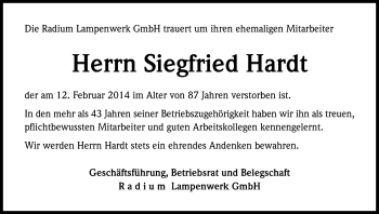 Anzeige von Siegfried Hardt von Kölner Stadt-Anzeiger / Kölnische Rundschau / Express