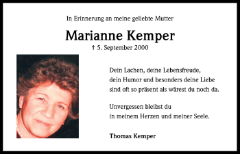 Anzeige von Marianne Kemper von Kölner Stadt-Anzeiger / Kölnische Rundschau / Express