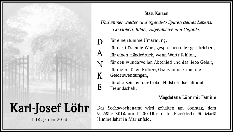  Traueranzeige für Karl-Josef Löhr vom 22.02.2014 aus Kölner Stadt-Anzeiger / Kölnische Rundschau / Express