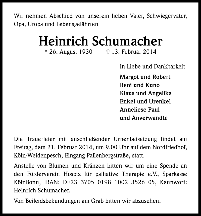  Traueranzeige für Heinrich Schumacher vom 19.02.2014 aus Kölner Stadt-Anzeiger / Kölnische Rundschau / Express