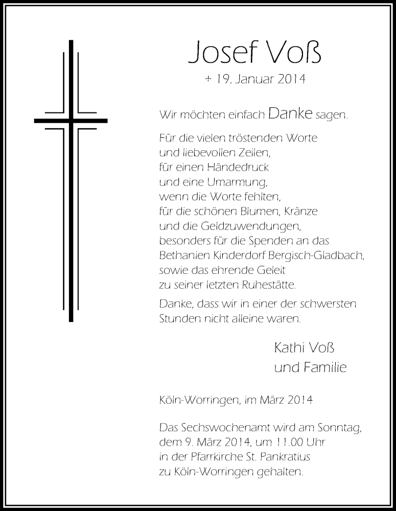  Traueranzeige für Josef Voss vom 01.03.2014 aus Kölner Stadt-Anzeiger / Kölnische Rundschau / Express