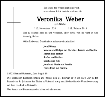 Anzeige von Veronika Weber von Kölner Stadt-Anzeiger / Kölnische Rundschau / Express
