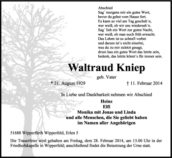 Anzeige von Waltraud Kniep von Kölner Stadt-Anzeiger / Kölnische Rundschau / Express