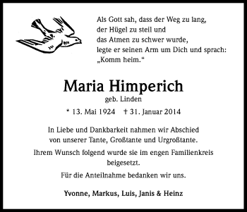 Anzeige von Maria Himperich von Kölner Stadt-Anzeiger / Kölnische Rundschau / Express