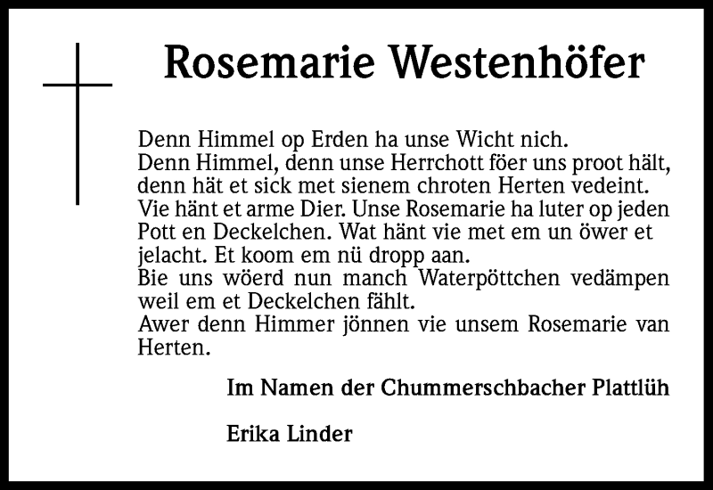  Traueranzeige für Rosemarie Westenhöfer vom 19.02.2014 aus Kölner Stadt-Anzeiger / Kölnische Rundschau / Express