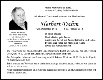 Anzeige von Herbert Dahm von Kölner Stadt-Anzeiger / Kölnische Rundschau / Express