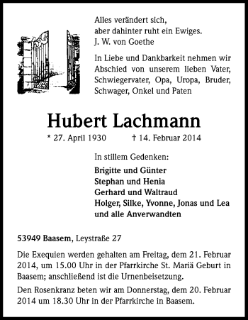 Anzeige von Hubert Lachmann von Kölner Stadt-Anzeiger / Kölnische Rundschau / Express