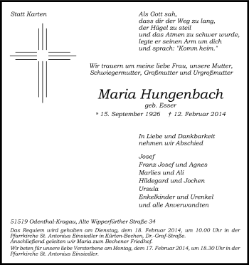 Anzeige von Maria Hungenbach von Kölner Stadt-Anzeiger / Kölnische Rundschau / Express