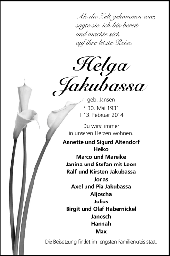 Anzeige von Helga Jakubassa von Kölner Stadt-Anzeiger / Kölnische Rundschau / Express