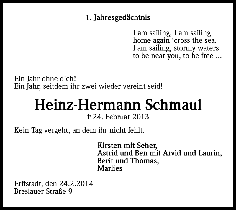  Traueranzeige für Heinz-Hermann Schmaul vom 24.02.2014 aus Kölner Stadt-Anzeiger / Kölnische Rundschau / Express