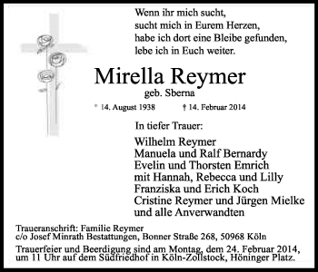 Anzeige von Mirella Reymer von Kölner Stadt-Anzeiger / Kölnische Rundschau / Express