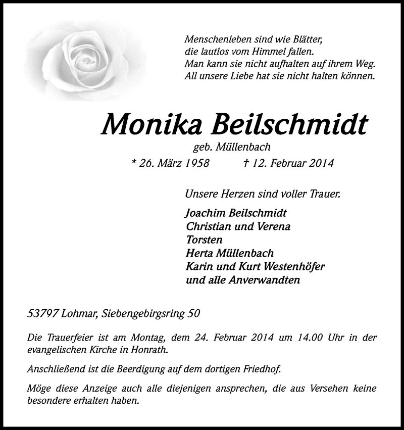  Traueranzeige für Monika Beilschmidt vom 18.02.2014 aus Kölner Stadt-Anzeiger / Kölnische Rundschau / Express