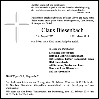 Anzeige von Claus Biesenbach von Kölner Stadt-Anzeiger / Kölnische Rundschau / Express