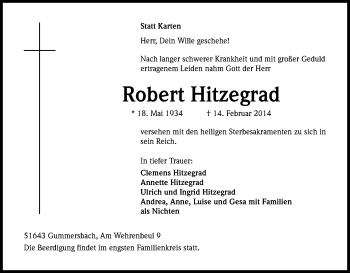 Anzeige von Robert Hitzegrad von Kölner Stadt-Anzeiger / Kölnische Rundschau / Express