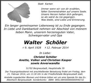 Anzeige von Walter Schöler von Kölner Stadt-Anzeiger / Kölnische Rundschau / Express