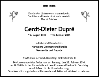Anzeige von Gerdt-Dieter Dupré von Kölner Stadt-Anzeiger / Kölnische Rundschau / Express