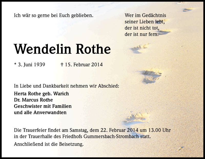  Traueranzeige für Wendelin Rothe vom 19.02.2014 aus Kölner Stadt-Anzeiger / Kölnische Rundschau / Express
