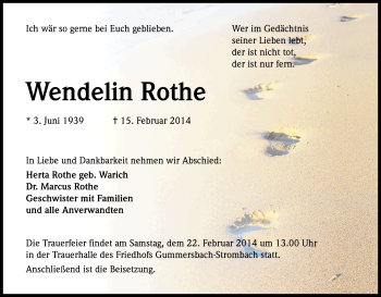 Anzeige von Wendelin Rothe von Kölner Stadt-Anzeiger / Kölnische Rundschau / Express