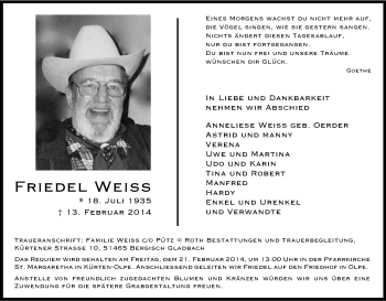 Anzeige von Friedel Weiss von Kölner Stadt-Anzeiger / Kölnische Rundschau / Express