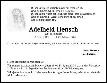 Anzeige von Adelheid Hensch von Kölner Stadt-Anzeiger / Kölnische Rundschau / Express