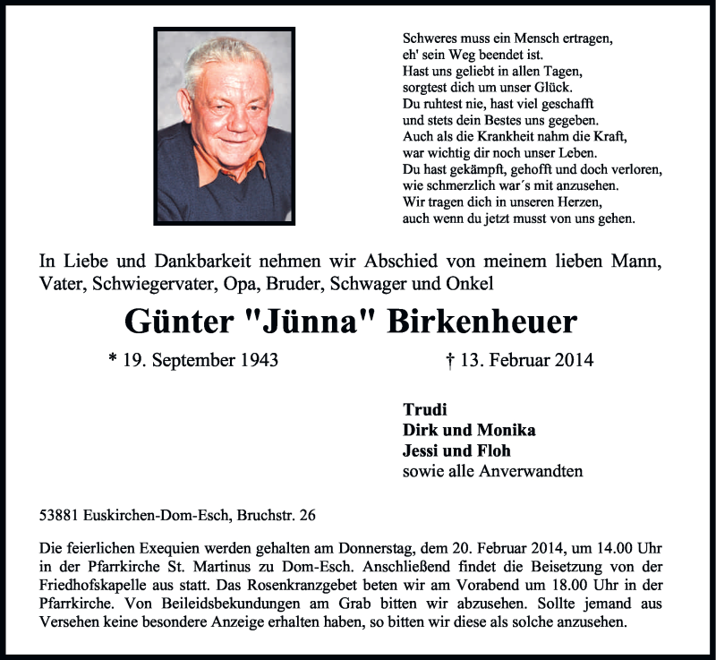  Traueranzeige für Günter  Birkenheuer vom 18.02.2014 aus Kölner Stadt-Anzeiger / Kölnische Rundschau / Express