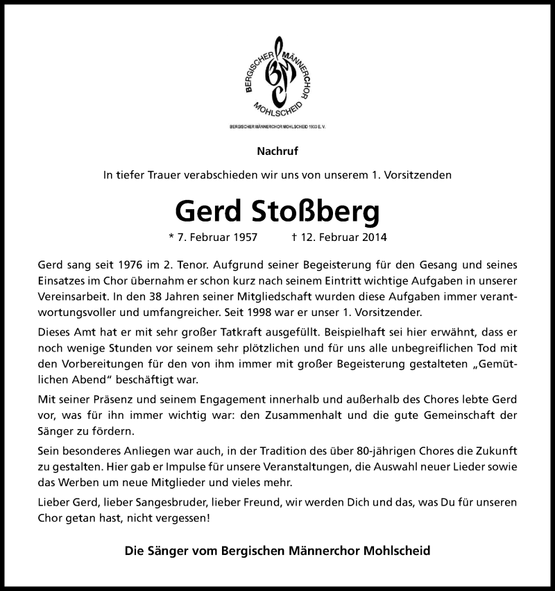  Traueranzeige für Gerd Stoßberg vom 18.02.2014 aus Kölner Stadt-Anzeiger / Kölnische Rundschau / Express