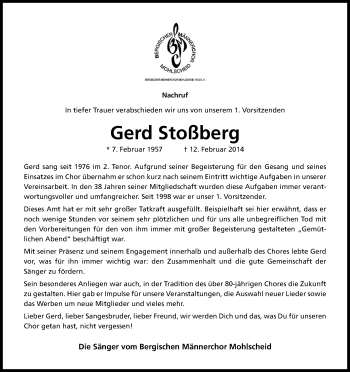Anzeige von Gerd Stoßberg von Kölner Stadt-Anzeiger / Kölnische Rundschau / Express