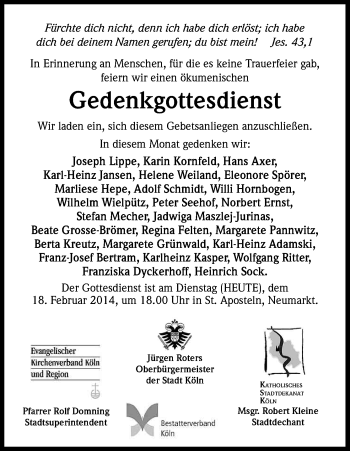 Anzeige von Gedenkgottesdienst vom 18.02.2014 von Kölner Stadt-Anzeiger / Kölnische Rundschau / Express
