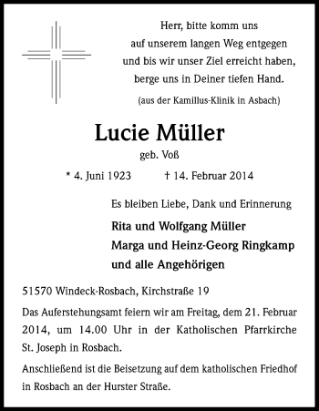 Anzeige von Lucie Müller von Kölner Stadt-Anzeiger / Kölnische Rundschau / Express