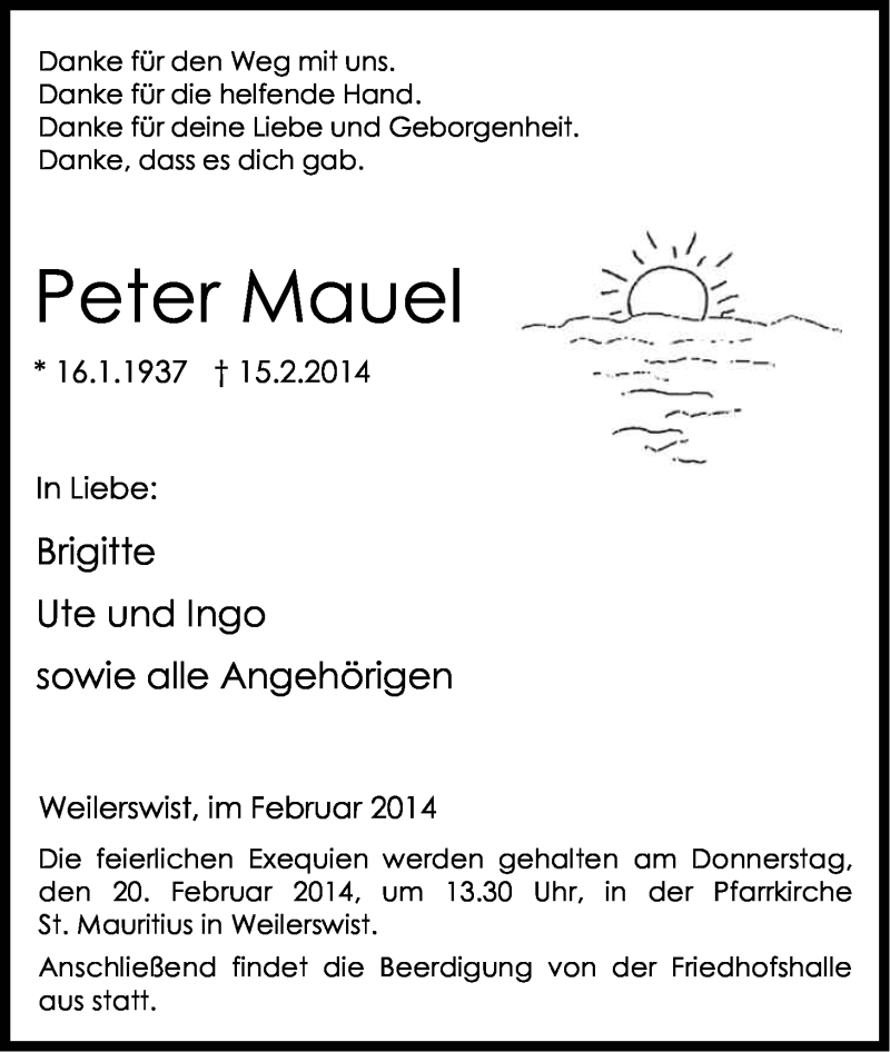 Traueranzeige für Peter Mauel vom 18.02.2014 aus Kölner Stadt-Anzeiger / Kölnische Rundschau / Express