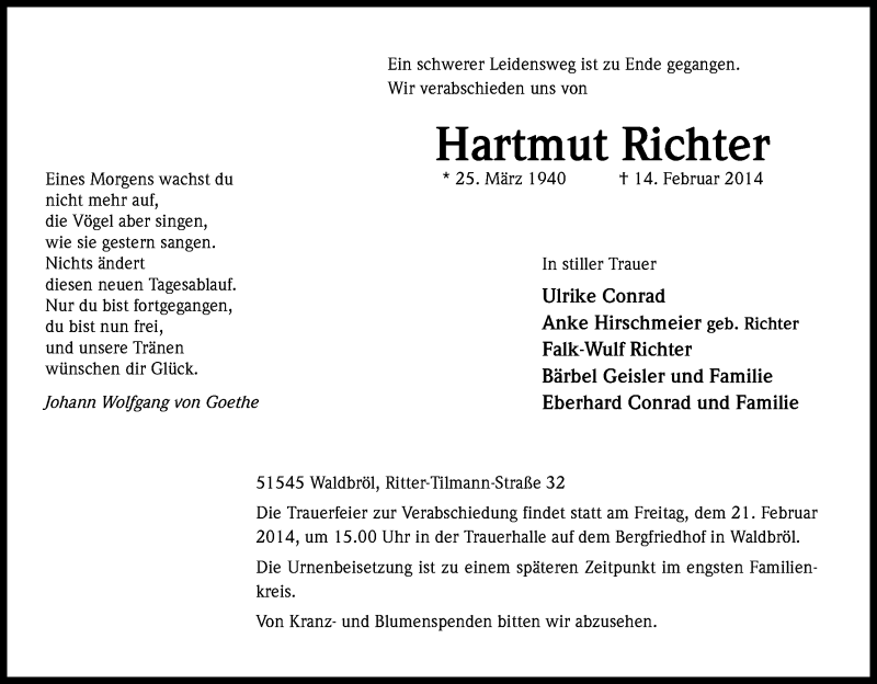  Traueranzeige für Hartmut Richter vom 18.02.2014 aus Kölner Stadt-Anzeiger / Kölnische Rundschau / Express