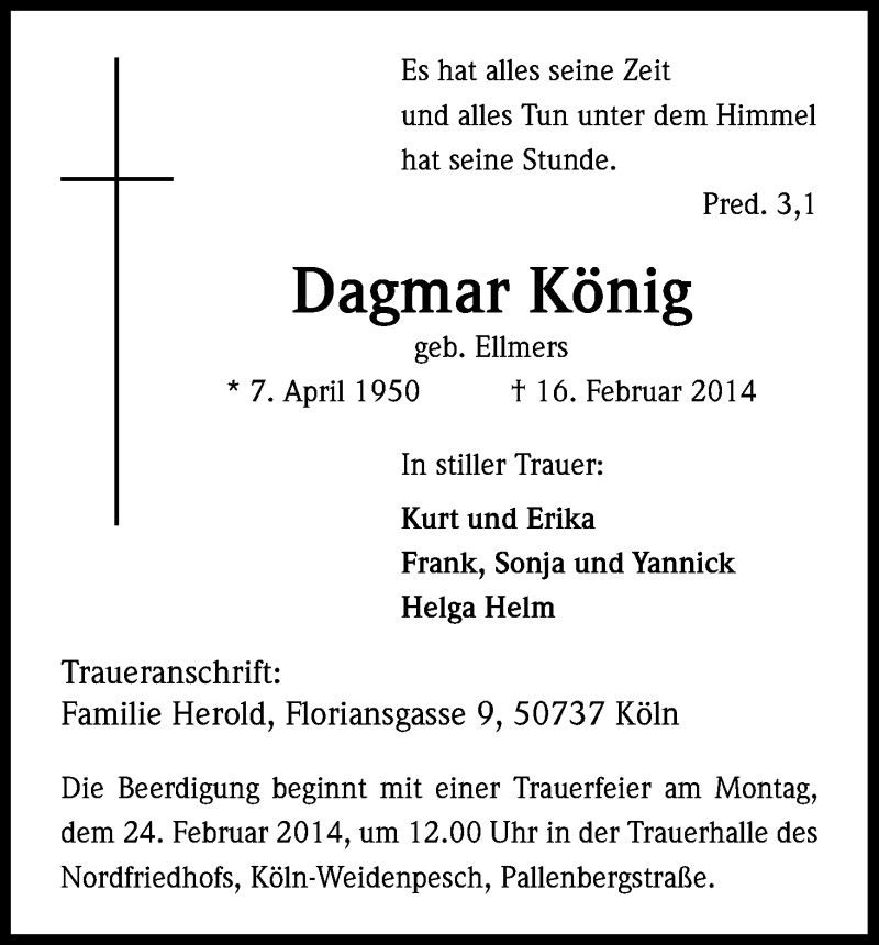  Traueranzeige für Dagmar König vom 19.02.2014 aus Kölner Stadt-Anzeiger / Kölnische Rundschau / Express