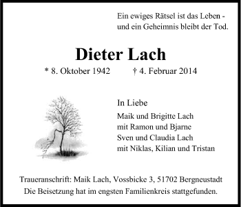 Anzeige von Dieter Lach von Kölner Stadt-Anzeiger / Kölnische Rundschau / Express