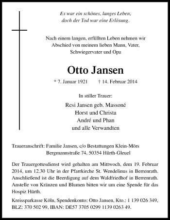 Anzeige von Otto Jansen von Kölner Stadt-Anzeiger / Kölnische Rundschau / Express