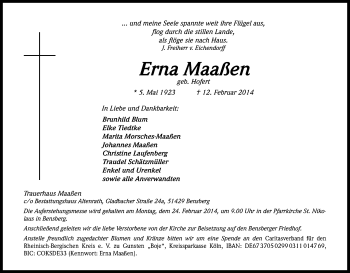 Anzeige von Erna Maaßen von Kölner Stadt-Anzeiger / Kölnische Rundschau / Express